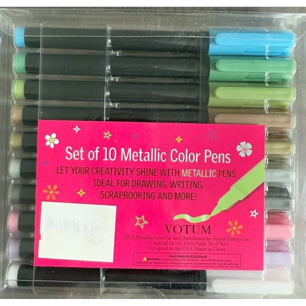 10 Metallic Color Pens & Pink 6x8 Faux Leather Journal Celestial Hand 128 Sheets